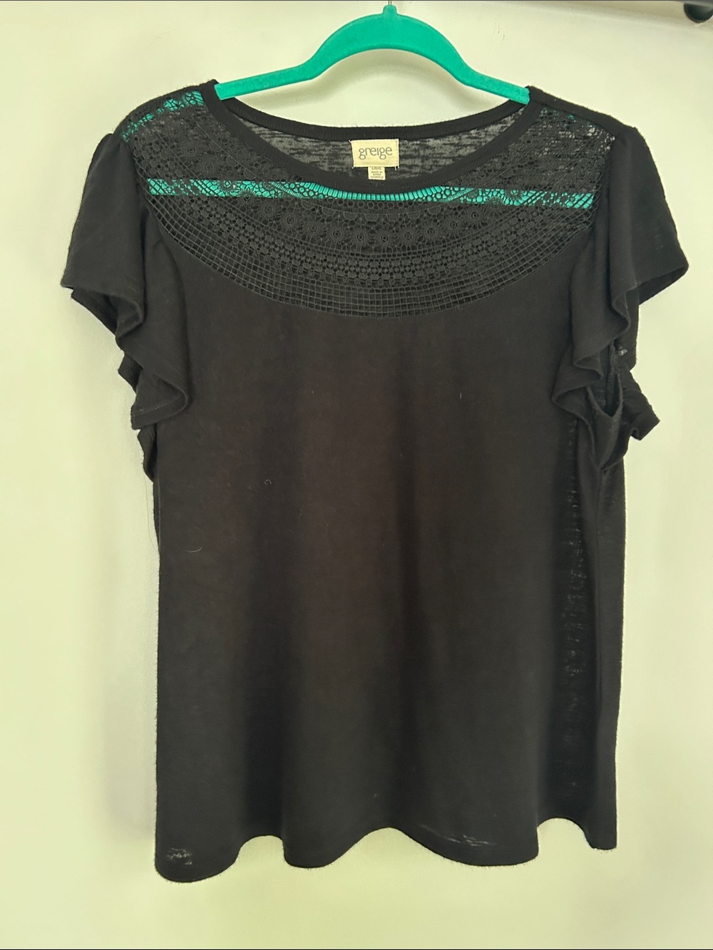 Greige Black Short-Sleeve Lace Yoke Flutter Top